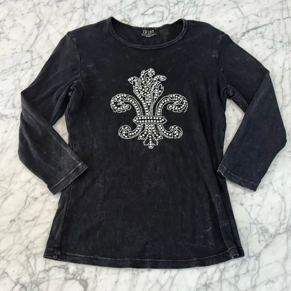 Vintage Tryst by Mathew Shirt Embellished Fleur De Lis Rhinestones Sz M Women’s